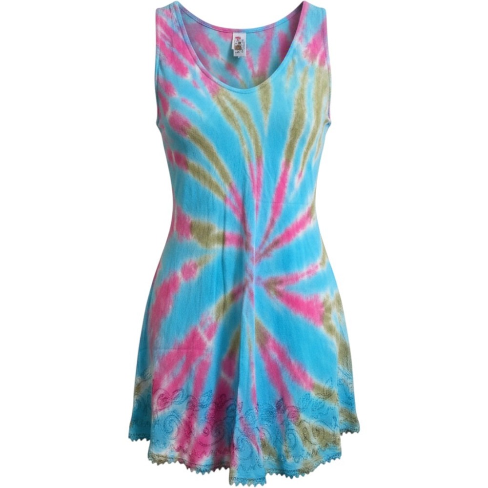 India Boutique Tie Dye Tank Top Blue Pink Embroidered Lace Trim One Size OSFM